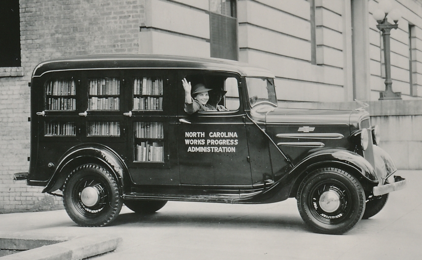 A WPA librarian is glad to deliver books to the citizens of Wake County, North Carolina. Photo courtesy of the National Archives (September 1938).