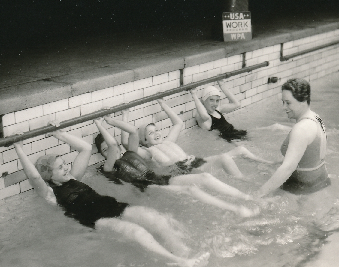 Pool therapy at the infantile paralysis center in Albany, New York, run by the WPA and Red Cross. Photo courtesy of the National Archives (1936).
