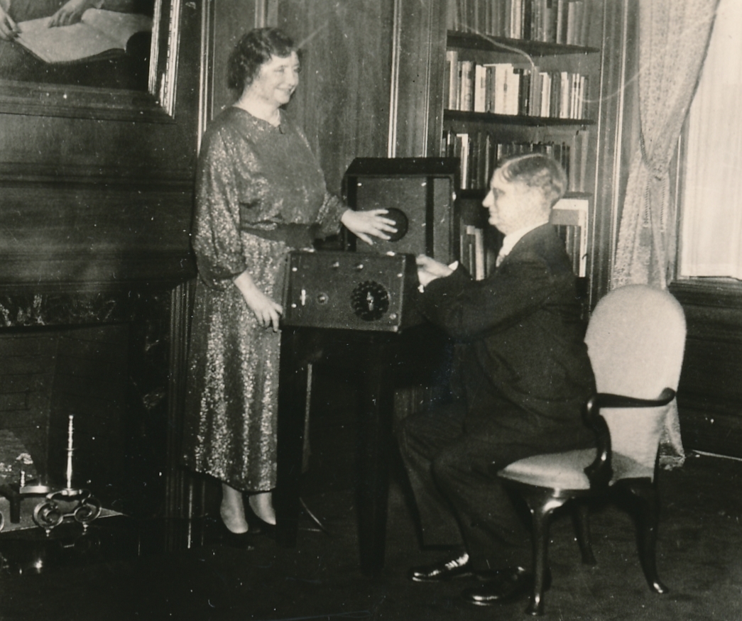 Helen Keller, champion of the blind, appreciates one of the many thousands of talking books made by WPA workers in New York City. Photo courtesy of the National Archives (ca. 1935-1943).