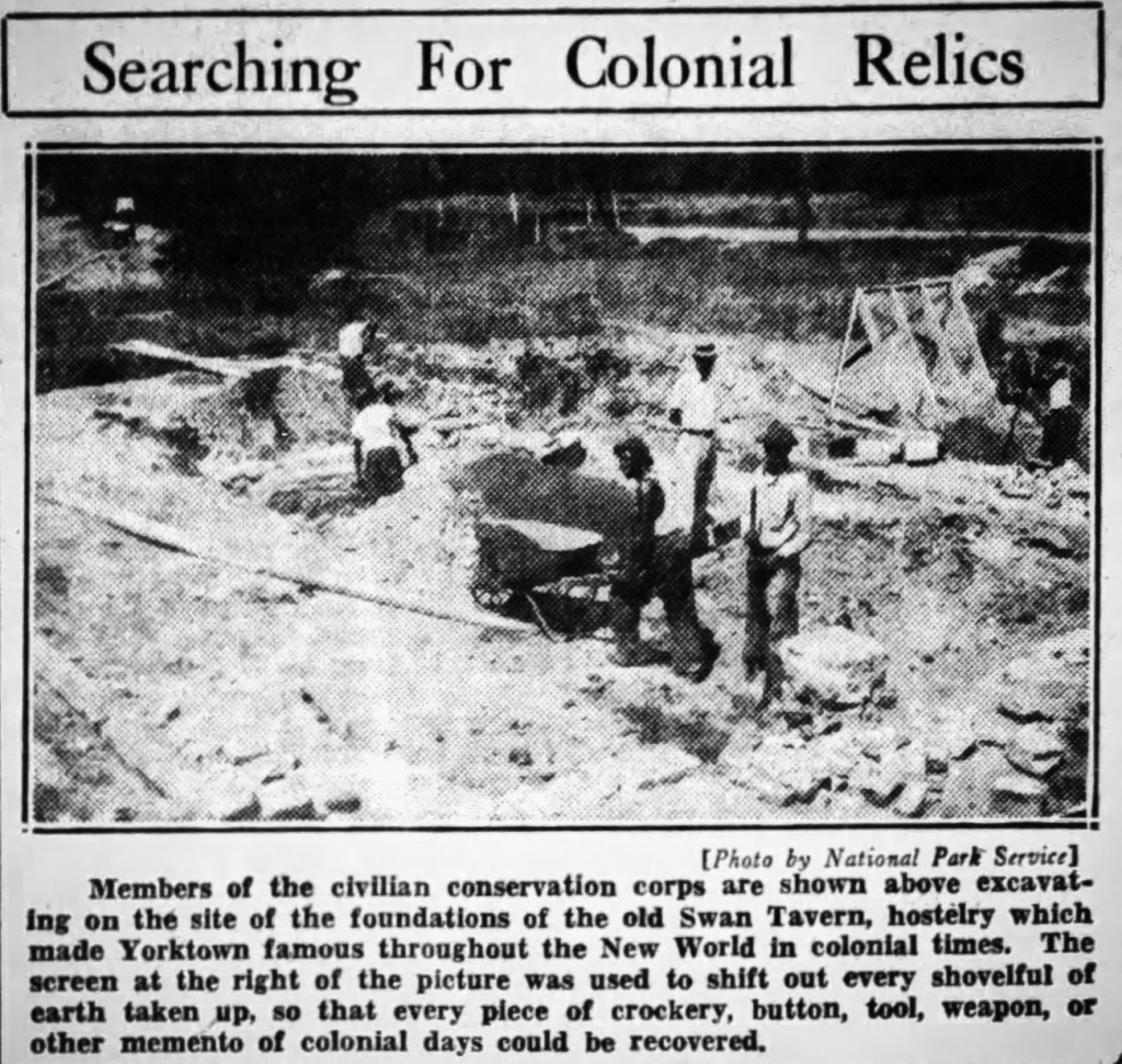 Part of a newspaper article from the Daily Press (Newport News, Virginia), December 3, 1933, p. 25, showing African American CCC enrollees assisting in an archaeology project at the site of the Swan Tavern, Colonial National Historical Park, Yorktown, Virginia.