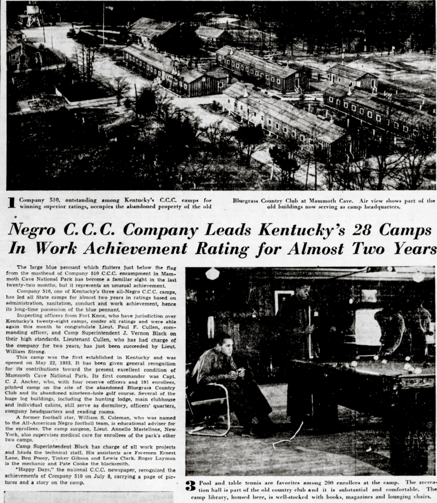 Part of a newspaper article from the Courier-Journal (Louisville, Kentucky), August 7, 1939, p. 2, highlighting the stellar record of CCC Company 510, Camp NP-1. Image from newspapers.com