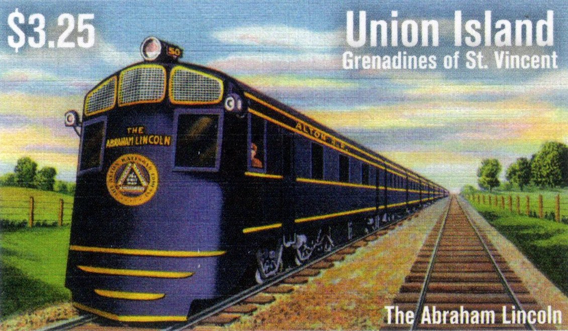 Postage stamp of B&O No. 50 and Abraham Lincoln train 