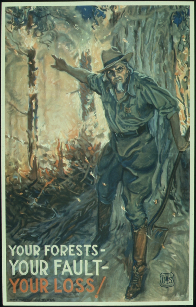 Oil painting titled Your Forests-Your Fault-Your Loss by James Montgomery Flagg.